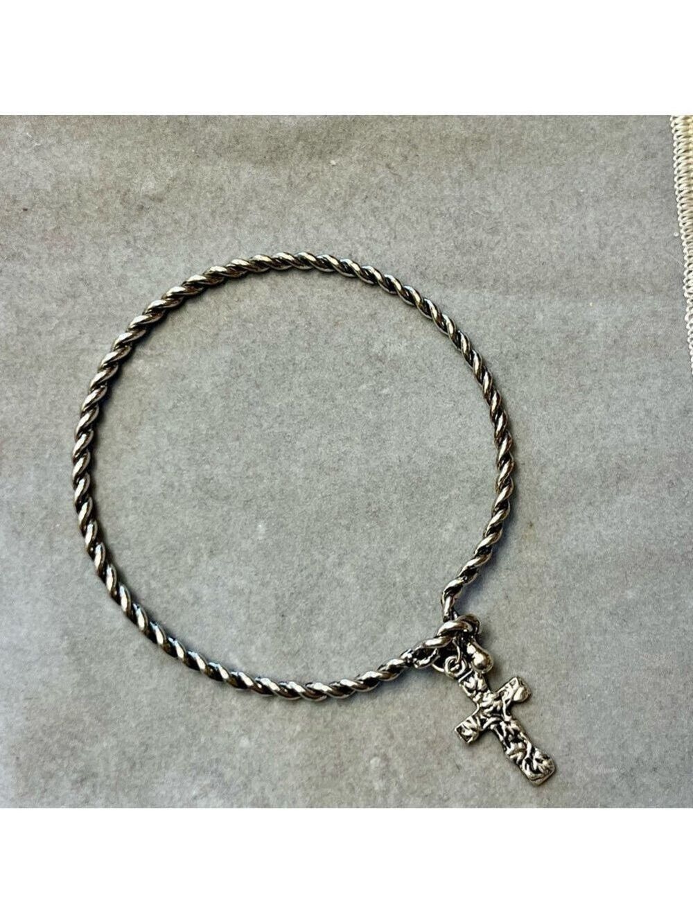 Silver Tone Twisted Rope Bracelet with Cross Charm Religious Christian Jewelry